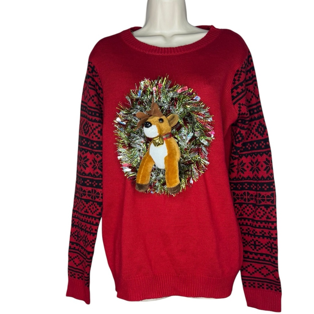Ugly Christmas Sweater 3D Reindeer on Tinsel Wreath Red
